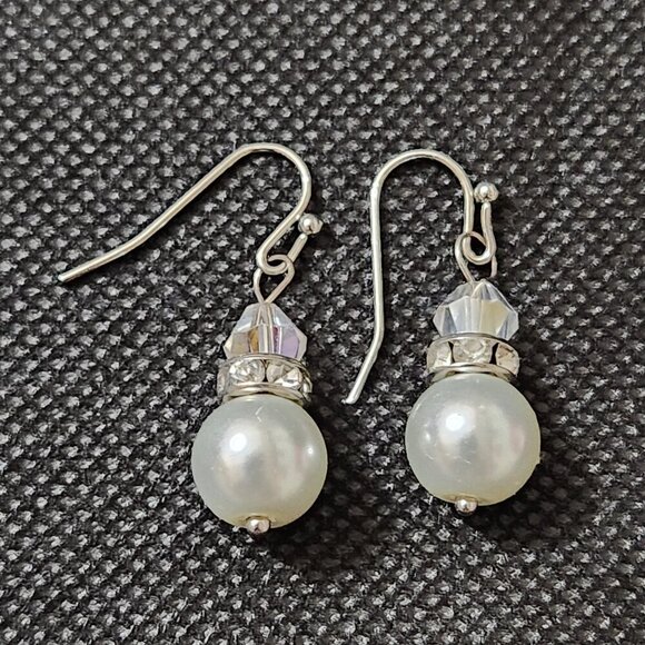 Hand Crafted Pearl Earrings Pierced Beaded Faux Pearl Rhinestone Crystal Drop - Picture 2 of 5